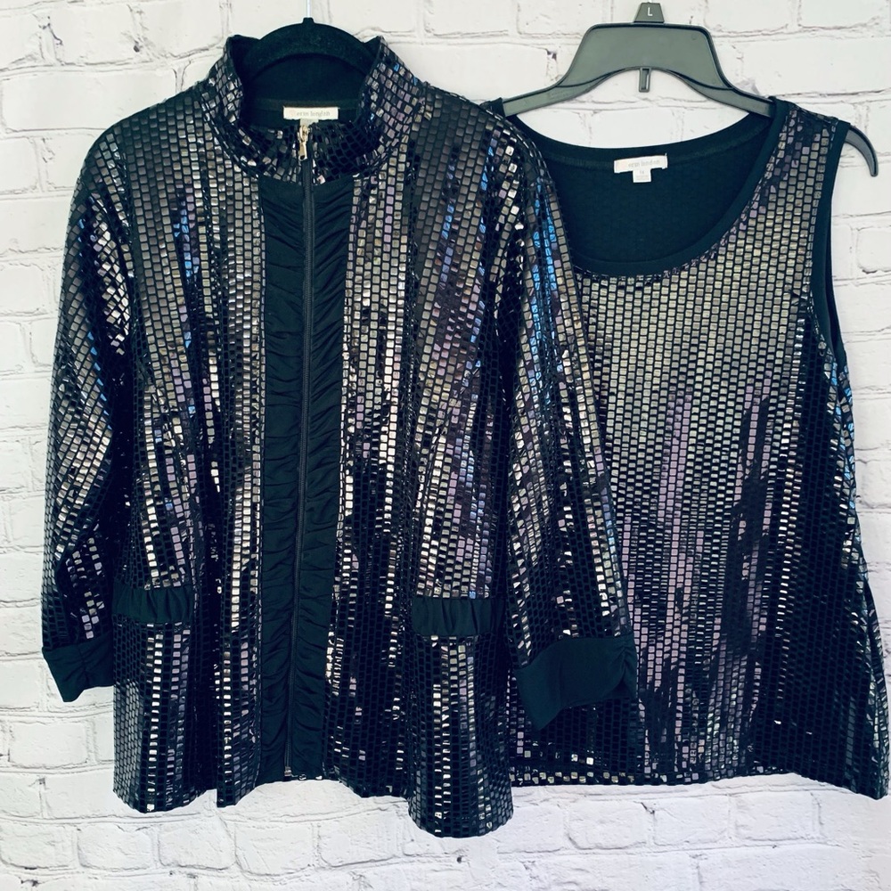 Erin London Elegant Black Sequined Jacket with Tank Ensemble 1X